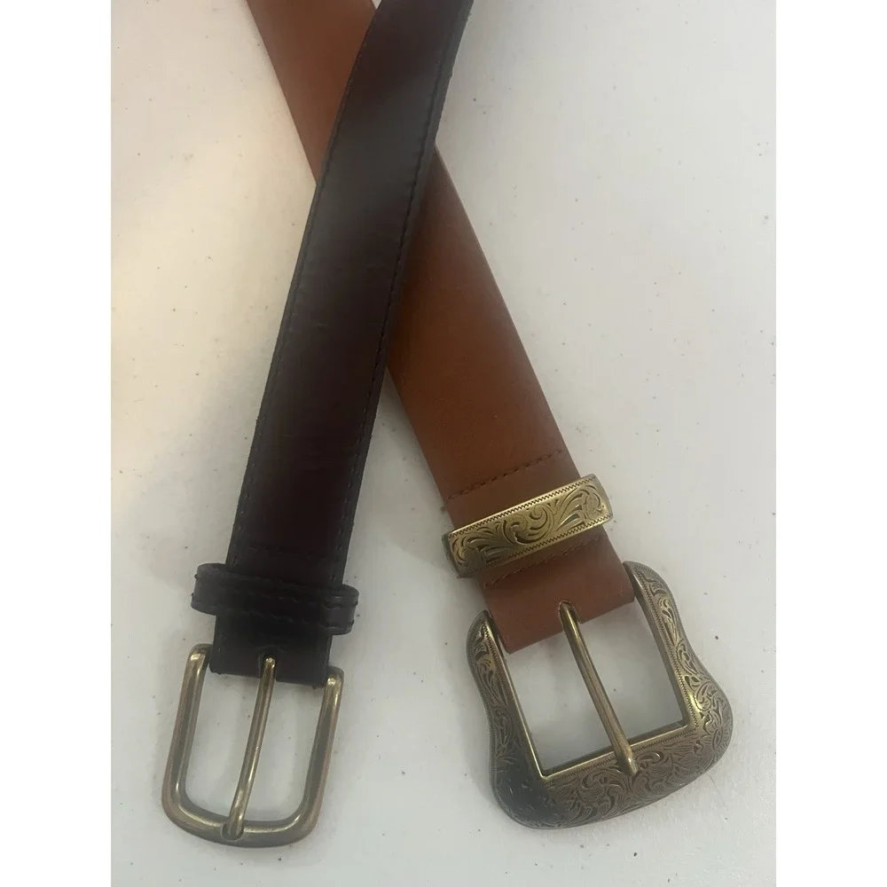 Mens Brown Western Brass Buckle Leather Belts Belt Lot 37-44 Large XL